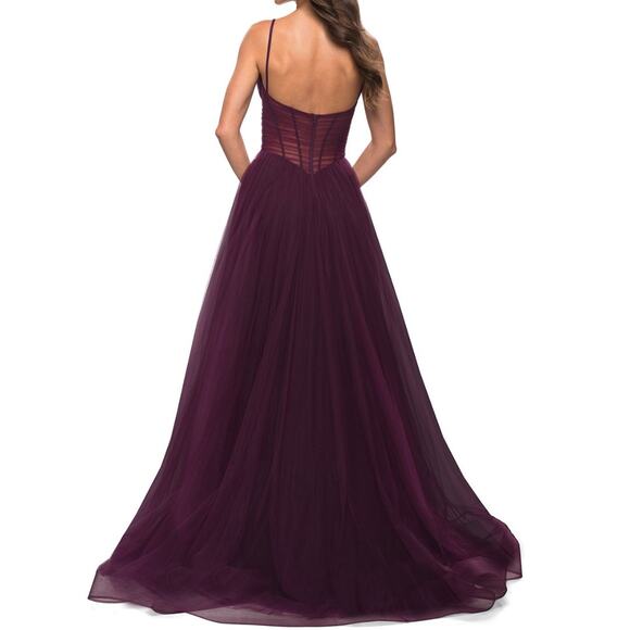 La Femme Corset Sheer Bodice Tulle Maxi Gown NEW Dark Berry Purple Size 2 - Picture 2 of 13